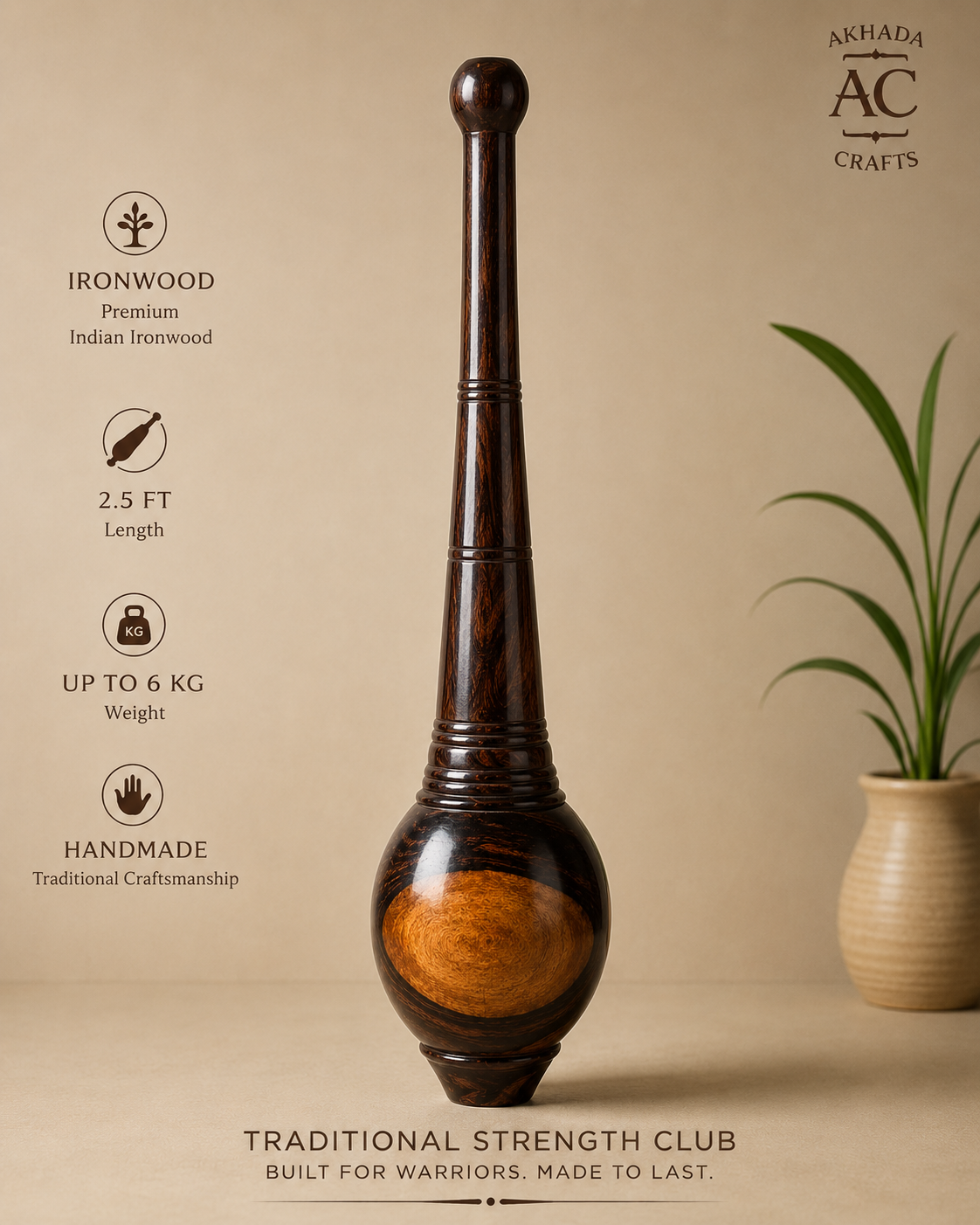 Premium Indian Ironwood Gada / Mugdar – 2.5 FT – Up to 13.2 LB