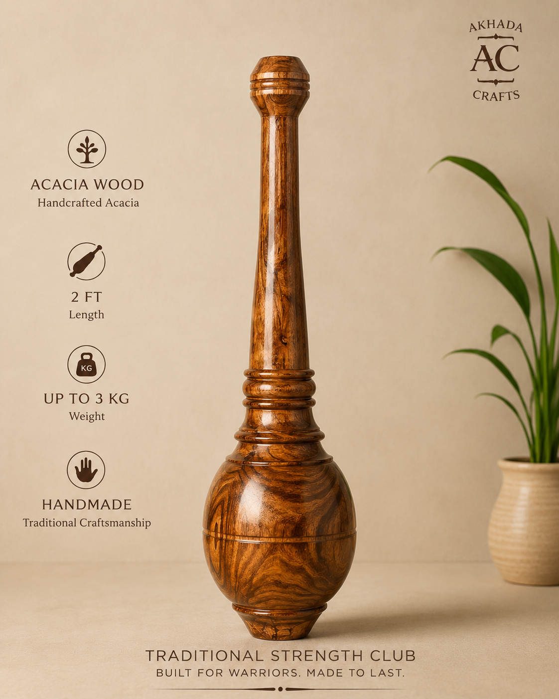 Classic Indian Acacia Gada / Mugdar – 2 FT – Up to 6.6 LB