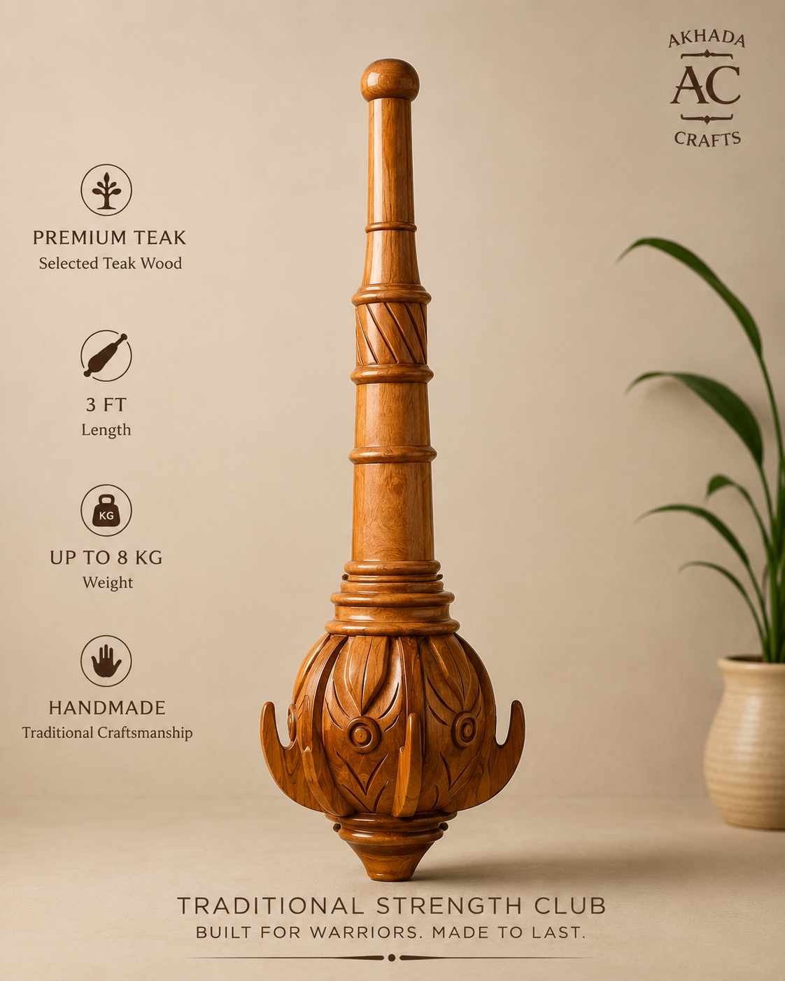 Select Indian Teak Gada / Mugdar – 3 FT – Up to 17.6 LB