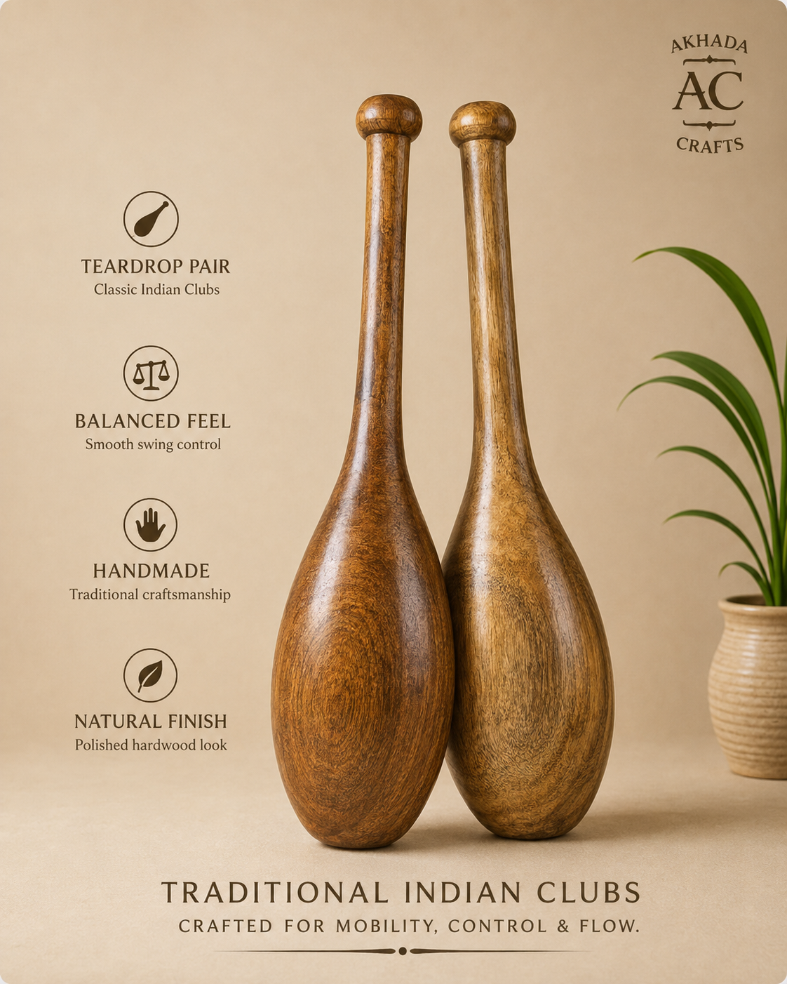 Handcrafted Teardrop Indian Clubs – 2 KG Each / 4 KG Pair