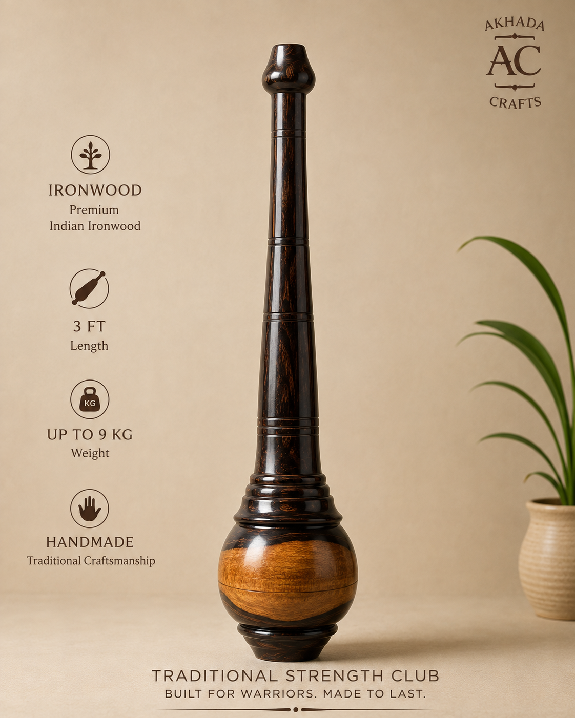 Premium Indian Ironwood Gada / Mugdar – 3 FT – Up to 19.8 LB
