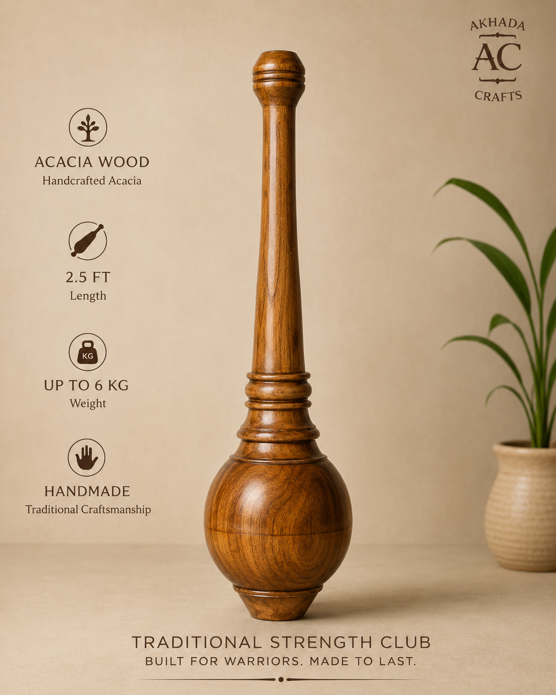 Classic Indian Acacia Gada / Mugdar – 2.5 FT – Up to 13.2 LB