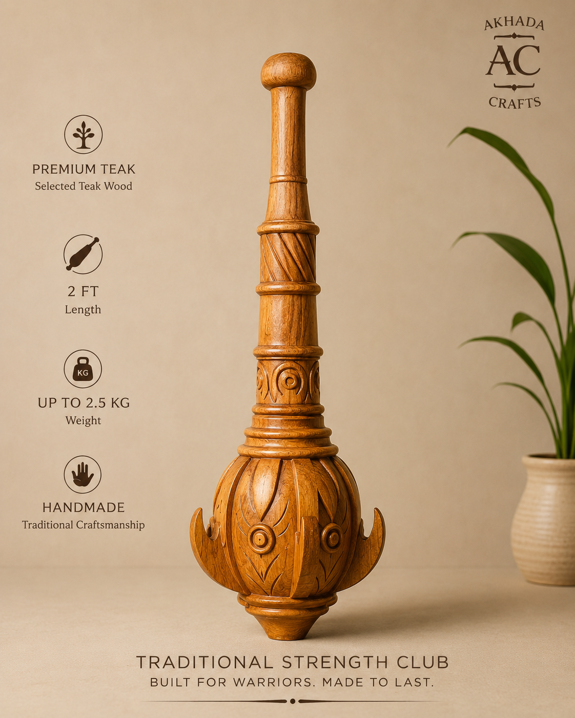 Select Indian Teak Gada / Mugdar – 2 FT – Up to 5.5 LB