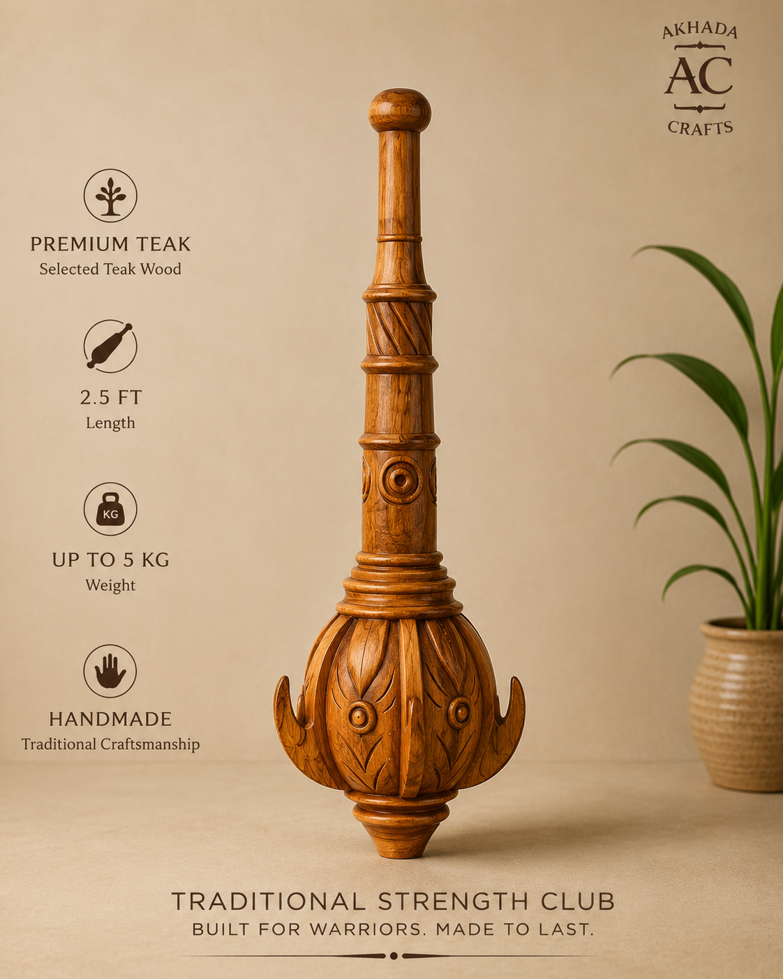 Select Indian Teak Gada / Mugdar – 2.5 FT – Up to 11 LB